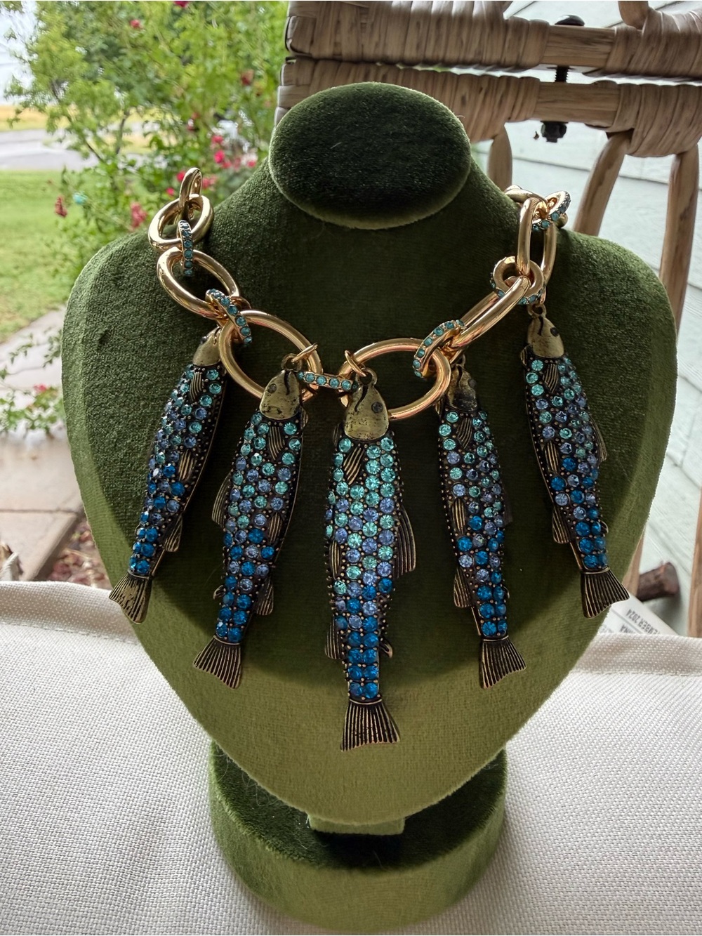 Betsey Johnson Rhinestones Blue & Turquoise Fish Charm Statement Necklace